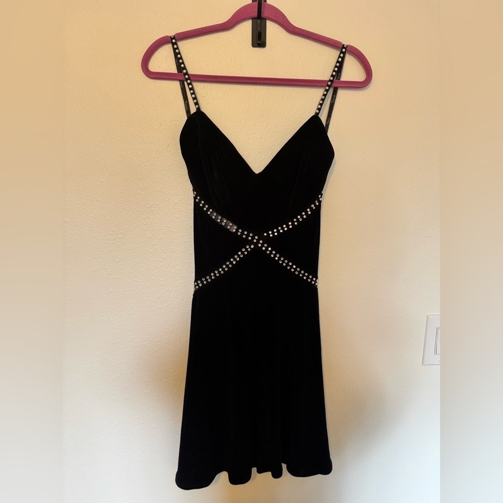VTG Tadashi Y2K Mini Dress Tank Jeweled Mesh Panel Swing Size Small Black EUC - Picture 1 of 9